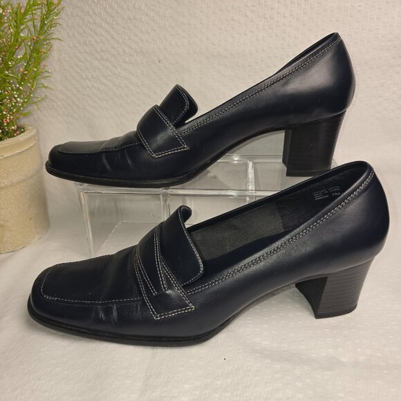 J.G. HOOK BLACK LEATHER SLIP ON HEELED SANDRA SHOE CASUAL SQUARE TOE SIZE 7 - Picture 1 of 8